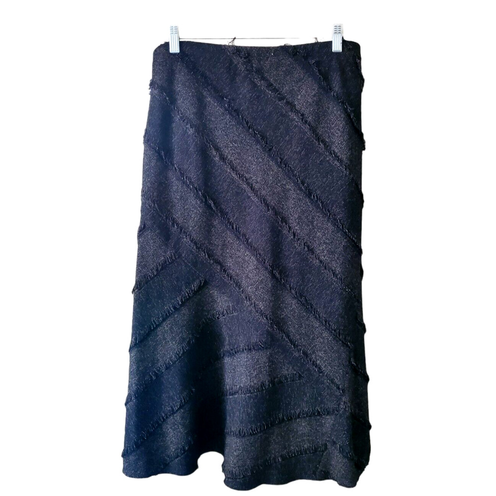 Maakif Black Fringed Strips Diagonal Cut Flared Pull-On Midi Skirt Lined Sz 10
